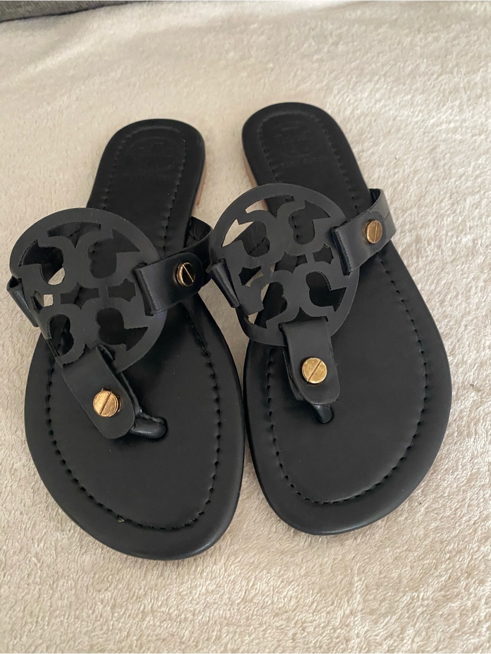 Tory Burch Black Leather Logo Thong Sandals with Gold Accents
